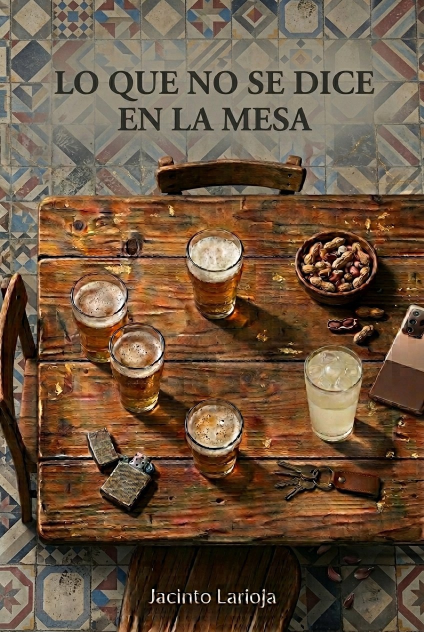 Cubierta de Lo que no se dice en la mesa: una mesa de bar de madera vista desde arriba, con cinco vasos, maní, un encendedor, unas llaves y un teléfono, sobre un piso de baldosas. Firma Jacinto Larioja.