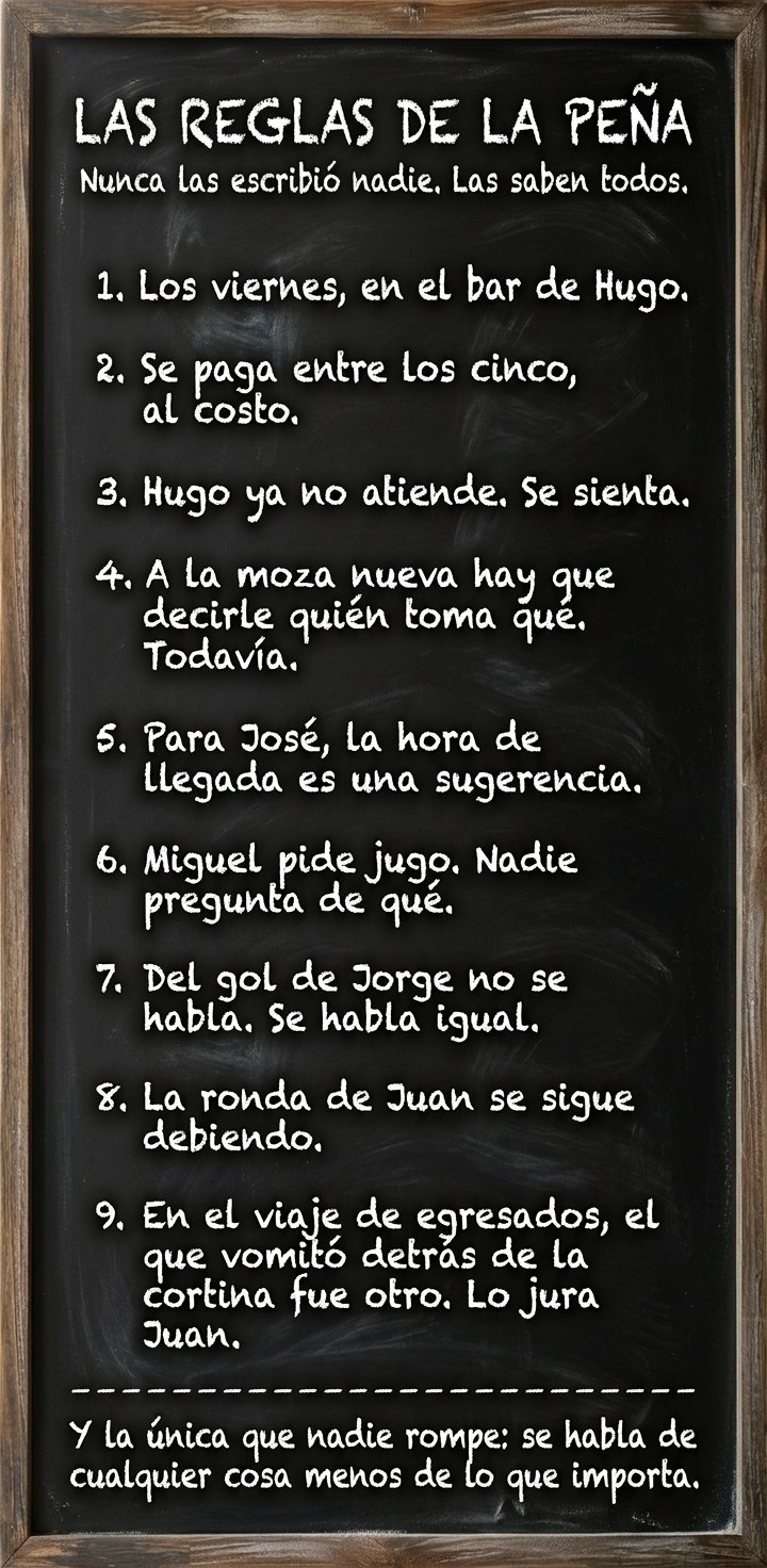 Pizarrón: Las reglas de la peña. Nunca las escribió nadie. Las saben todos. 1. Los viernes, en el bar de Hugo. 2. Se paga entre los cinco, al costo. 3. Hugo ya no atiende. Se sienta. 4. A la moza nueva hay que decirle quién toma qué. Todavía. 5. Para José, la hora de llegada es una sugerencia. 6. Miguel pide jugo. Nadie pregunta de qué. 7. Del gol de Jorge no se habla. Se habla igual. 8. La ronda de Juan se sigue debiendo. 9. En el viaje de egresados, el que vomitó detrás de la cortina fue otro. Lo jura Juan. Y la única que nadie rompe: se habla de cualquier cosa menos de lo que importa.