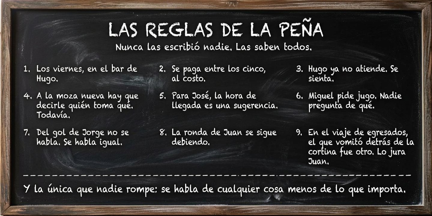 Pizarrón: Las reglas de la peña. Nunca las escribió nadie. Las saben todos. 1. Los viernes, en el bar de Hugo. 2. Se paga entre los cinco, al costo. 3. Hugo ya no atiende. Se sienta. 4. A la moza nueva hay que decirle quién toma qué. Todavía. 5. Para José, la hora de llegada es una sugerencia. 6. Miguel pide jugo. Nadie pregunta de qué. 7. Del gol de Jorge no se habla. Se habla igual. 8. La ronda de Juan se sigue debiendo. 9. En el viaje de egresados, el que vomitó detrás de la cortina fue otro. Lo jura Juan. Y la única que nadie rompe: se habla de cualquier cosa menos de lo que importa.