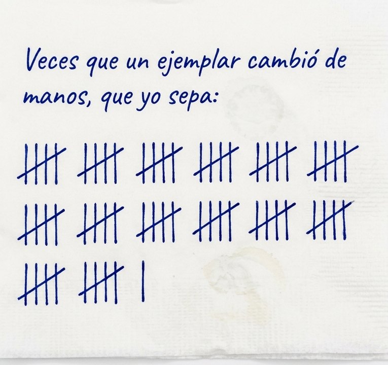 Servilleta de bar escrita en birome azul: Veces que un ejemplar cambió de manos, que yo sepa: setenta y un palitos, en grupos de cinco tachados.